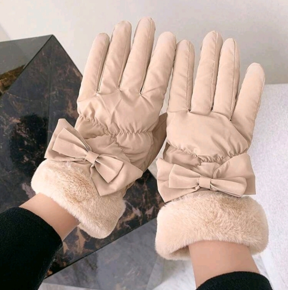 Elegant Brown Fleece Lined Waterproof Winter Gloves, Bow Detail + Touchscreen